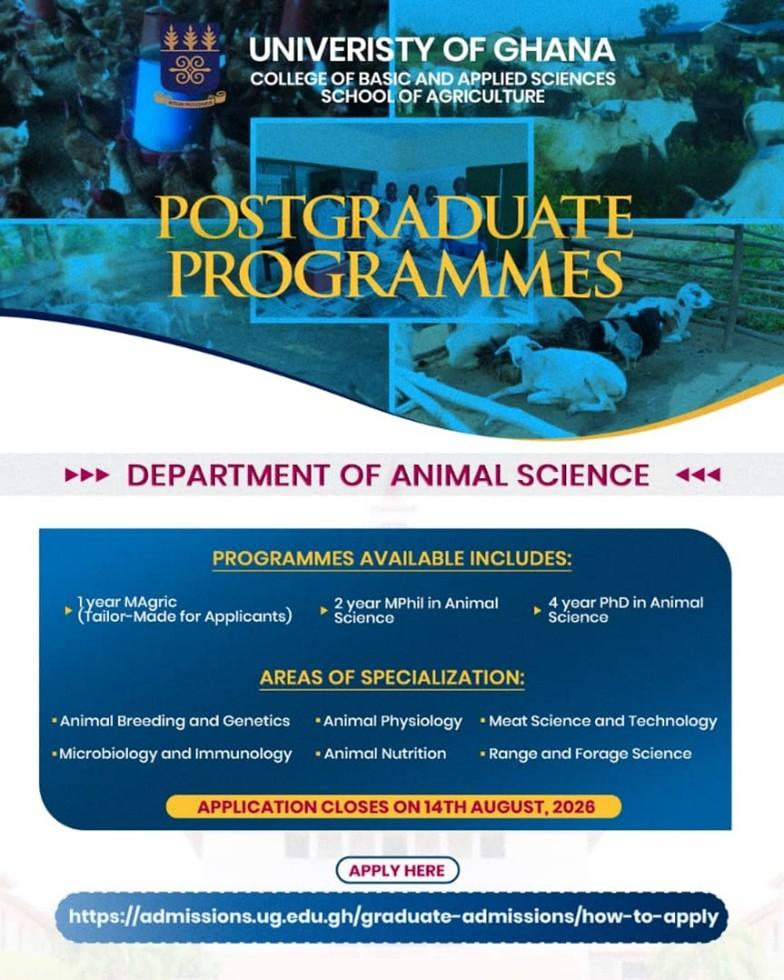 Postgraduate Programmes offered by the Department of Animal Science at the University of Ghana for the 2026 academic year.