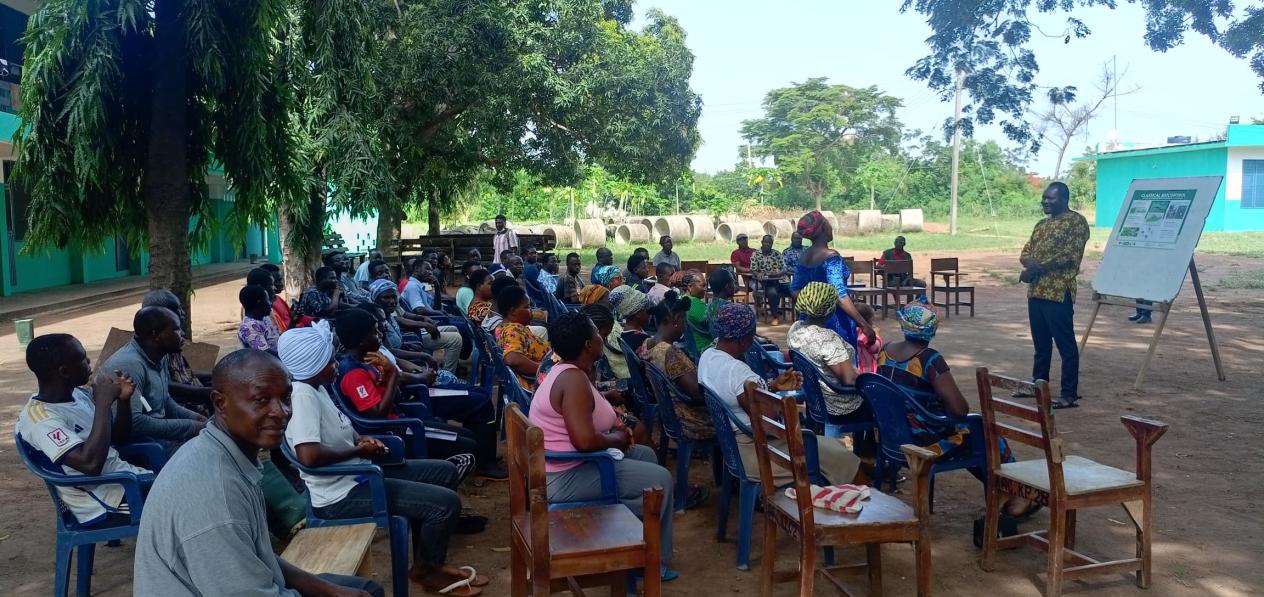 A group of maize farmers seated outdoors under trees during a stakeholder engagement session, as a presenter from SIREC explains biological control methods for fall armyworm using a poster board.