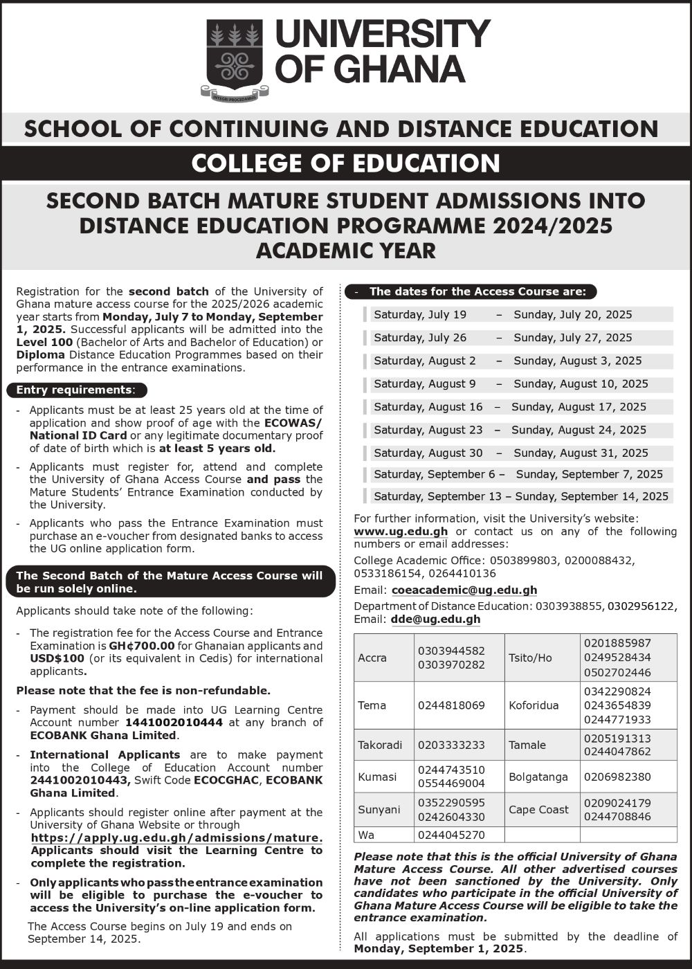 Second Batch Mature Student Admissions 